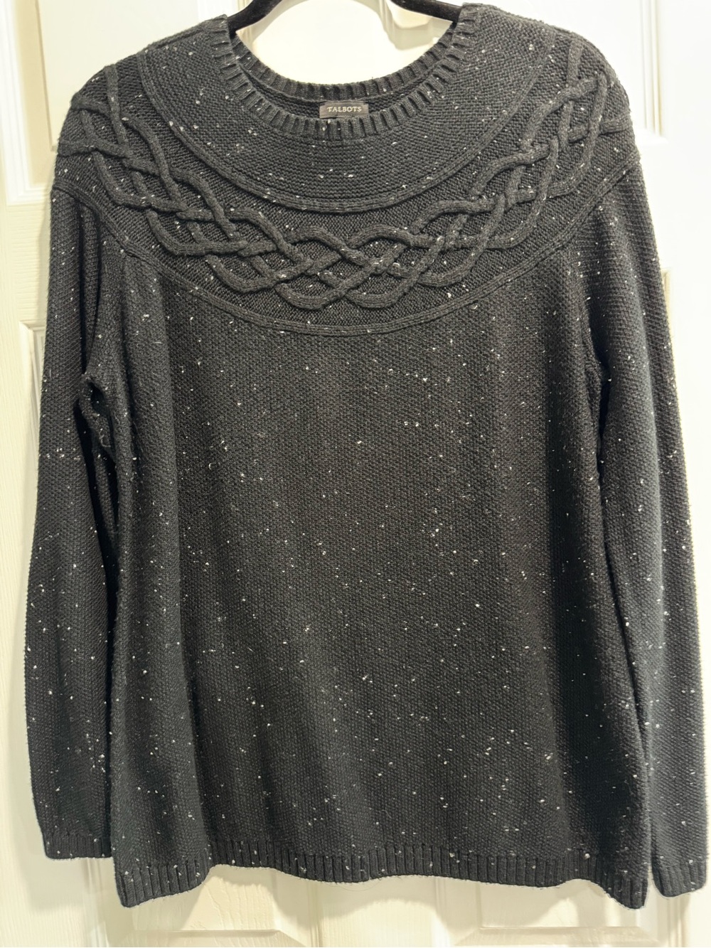 Talbots Black Speckled Cable-Yoke Crewneck Sweater